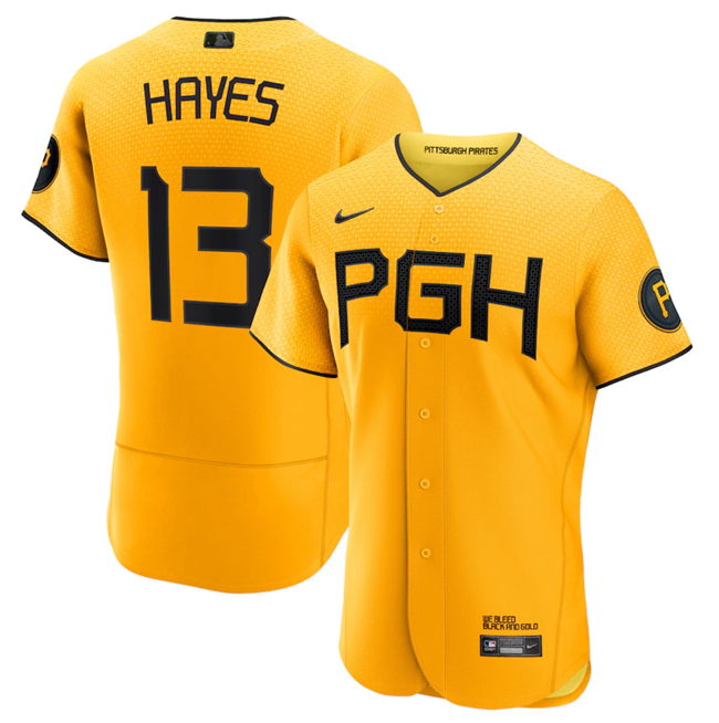 Men's Pittsburgh Pirates #13 Ke'Bryan Hayes Gold 2023 City Connect Flex Base Stitched Baseball Jersey